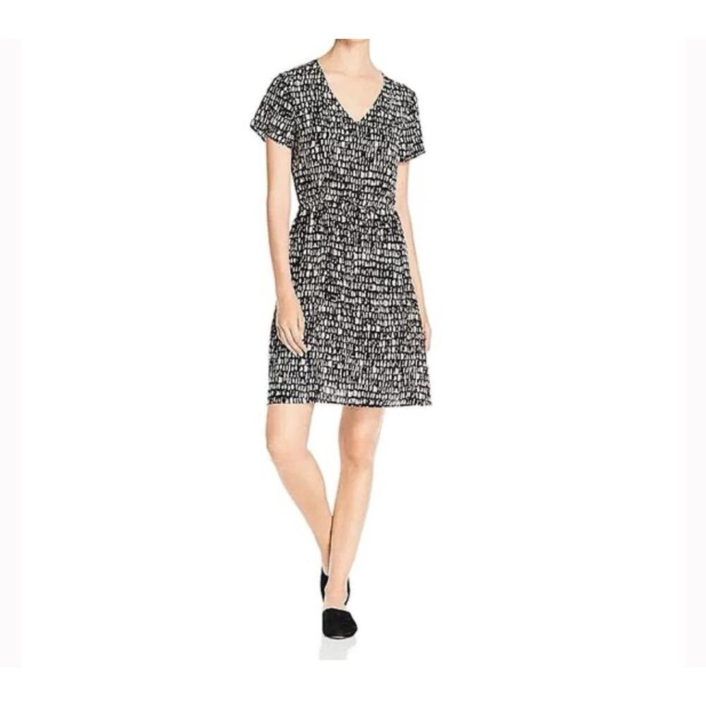 Eileen Fisher Seraglio Printed Silk Dress Black White Minimalist Office Small XS